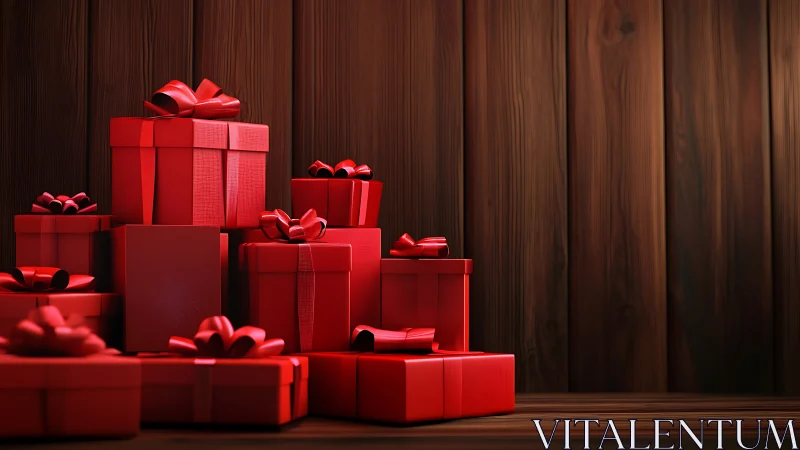 Crimson gift tower glows against rustic wooden backdrop.