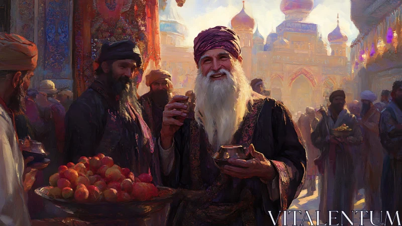 Sunlit bazaar elder delighting in spiced drink and fruit.