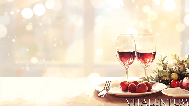 Digital painting of festive red wine still life on table setting.