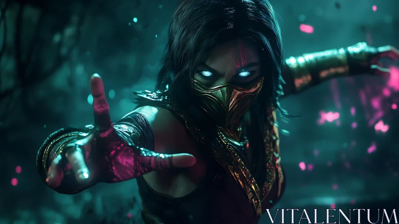 Bioluminescent masked warrior in teal magenta combat haze.