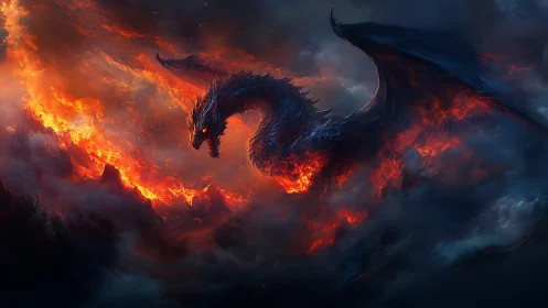 Infernal dragon arcs above volcanic ridge in high-impact fantasy