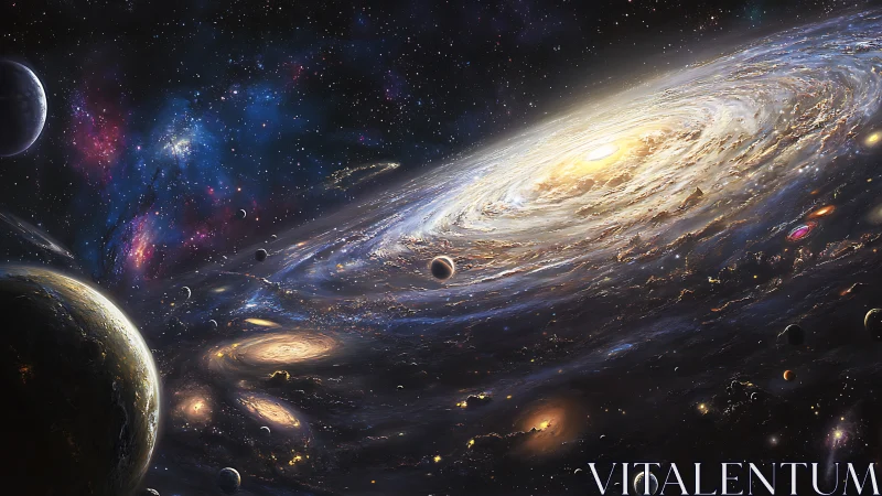 Spiral galaxy with surrounding planets in deep space field.