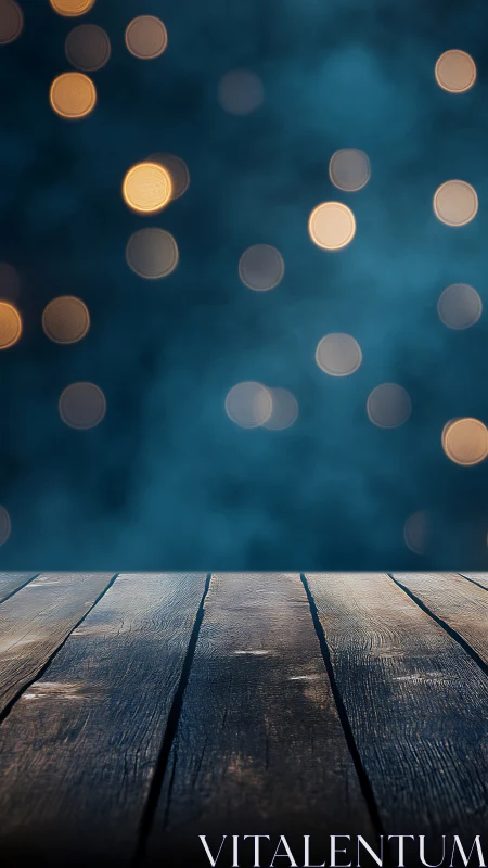 Midnight wooden stage under dreamy golden bokeh lights.