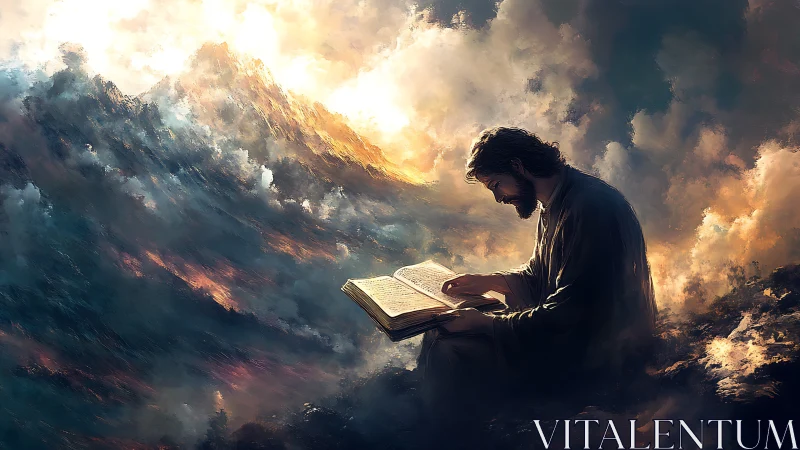 Storm-lit reader bends the clouds around a glowing scripture