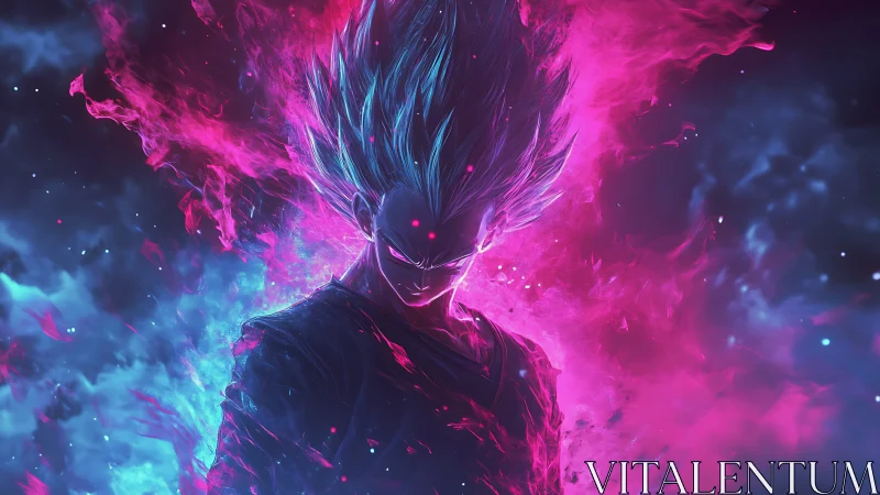 Cosmic flame warrior crowned in neon stormlight power.