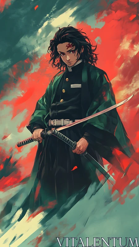 Sword-wielding warrior stands in storm of red teal light