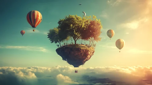 Suspended island grove encircled by multicolored hot air balloons