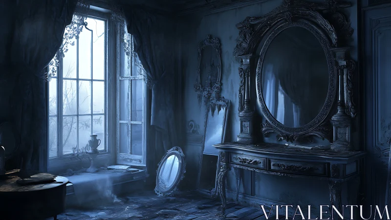 Abandoned Victorian vanity glows in eerie winter light