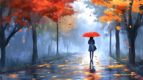 Scarlet umbrella brightens a quiet walk through rainy autumn