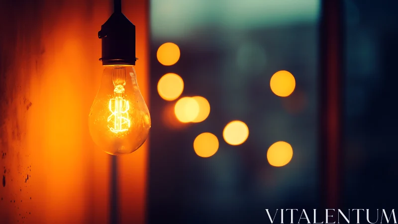 Incandescent bulb glows sharply against blurred city bokeh