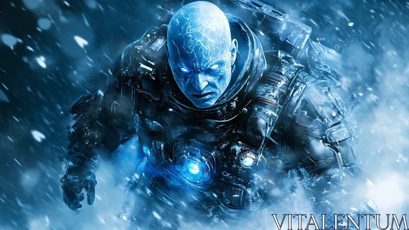 Glacial warborn sentinel storms through a blizzard of light