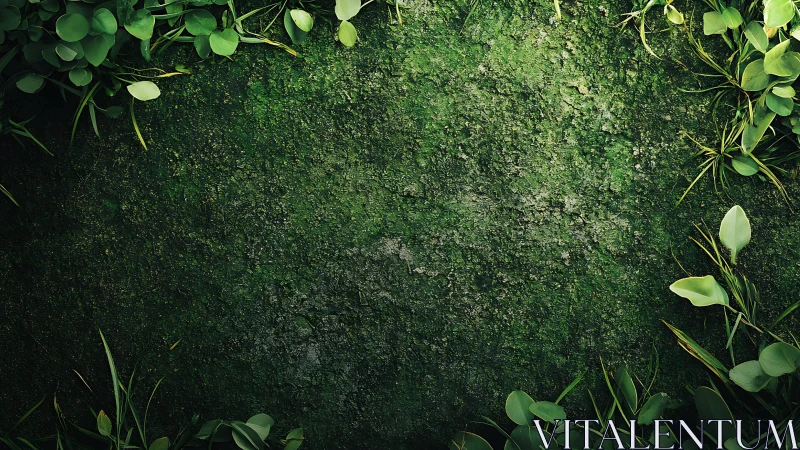 Emerald moss stage framed by wild leaves and quiet light.