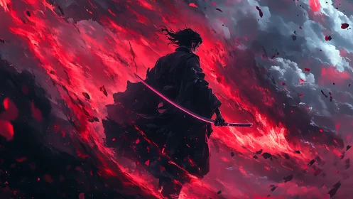 Solitary katana warrior amid crimson storm vortex sky