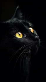 Black Cat with Luminous Golden Eyes Against Dark Background