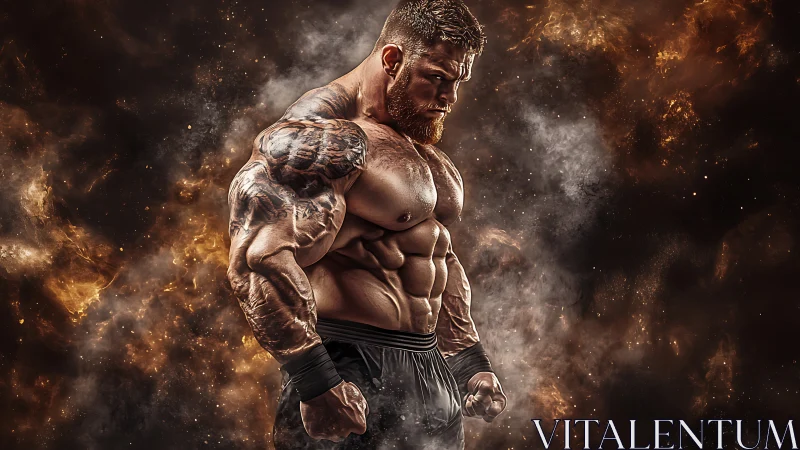 Hyper-defined muscular bodybuilder against fiery smoke backdrop