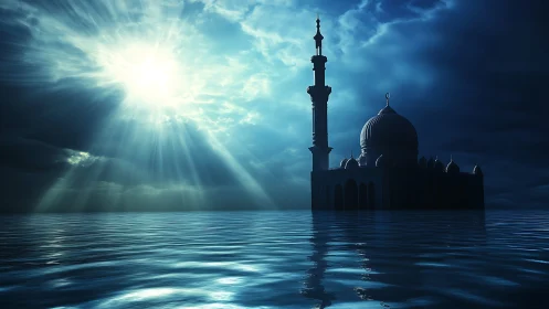 Mosque silhouette in moonlit flood with radiant storm sky.