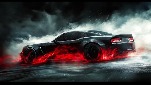 Night-streak muscle car drifting on molten scarlet asphalt.