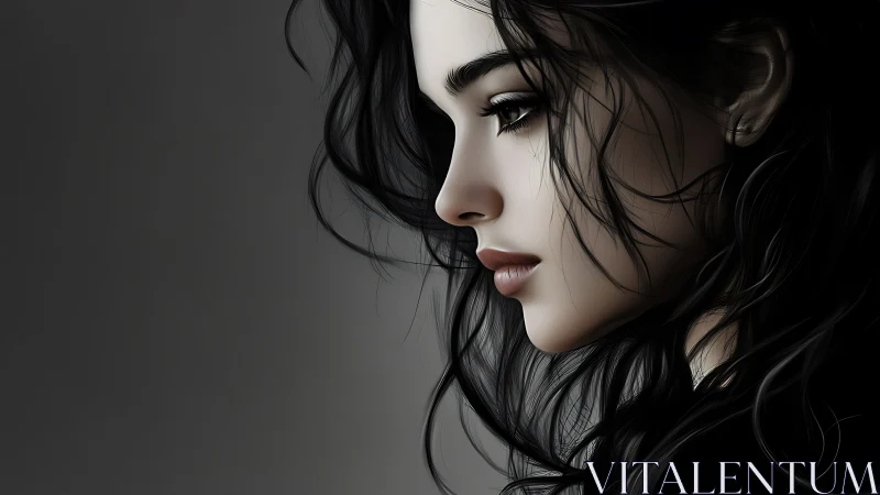 Hyperreal side profile of young woman with flowing dark hair