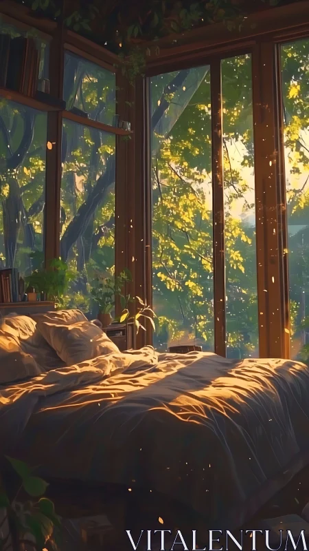 Sun-dusted forest bedroom where morning light lingers.