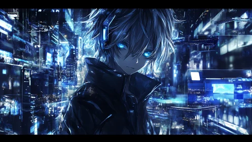 Cybernetic youth in dense neon cityscape at night.