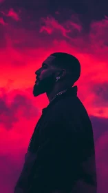 Silhouetted man profile under neon magenta storm clouds.