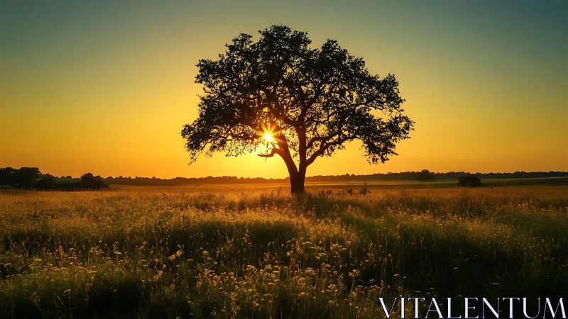 Lone tree silhouettes against radiant golden sunset sky