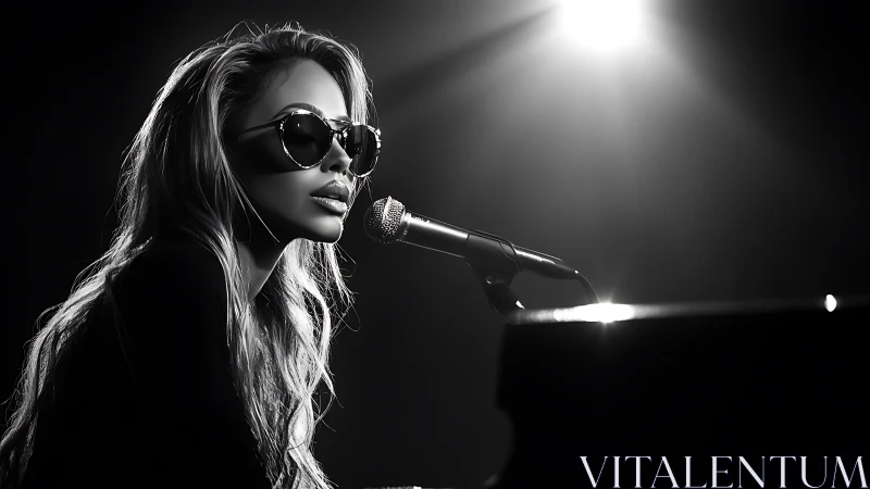 Singer at microphone with piano in monochrome stage lighting.