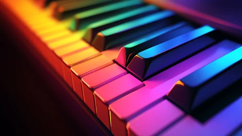 Chromatic light-sculpted piano keys with soft bokeh depth segmentation
