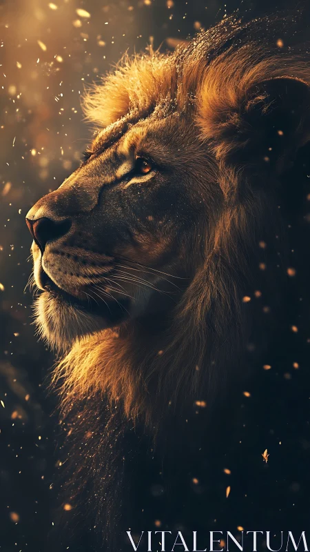 Photorealistic lion portrait in dramatic rim lighting profile.