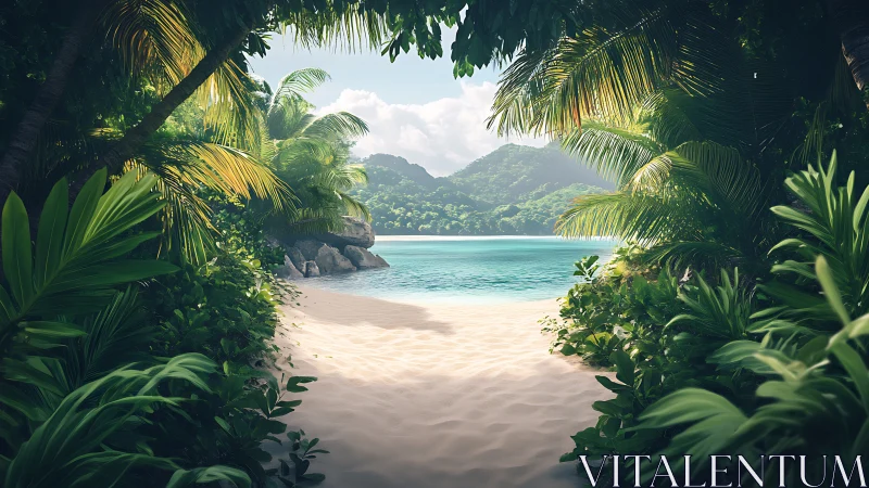 Tropical coastal landscape viewed through vegetation frame