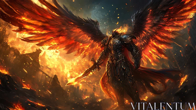 Armored fire angel stands over burning ruined battlefield.