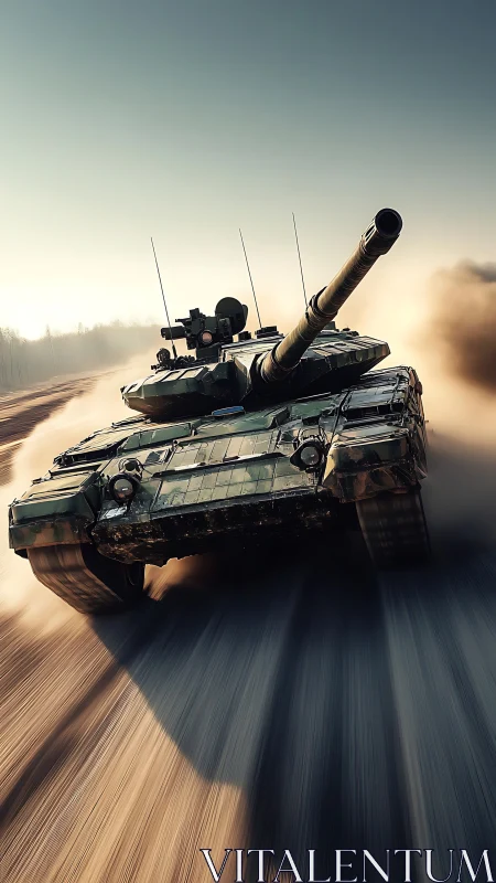Powerful armored tank thundering down a dusty open road.