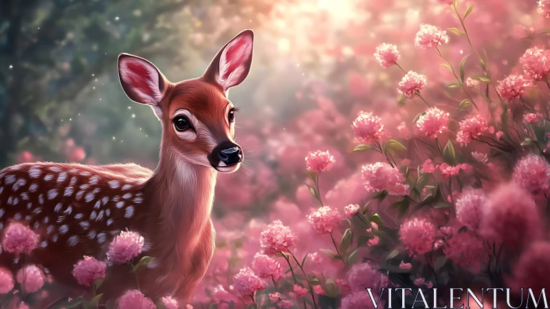 Gentle fawn pausing in a dreamy pink flower meadow.