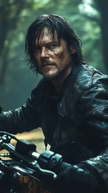 Weathered motorcyclist in rain-dark forest, cinematic detail.