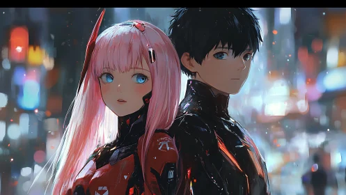 Cyber duo stand amid neon city haze, armor glowing cold.