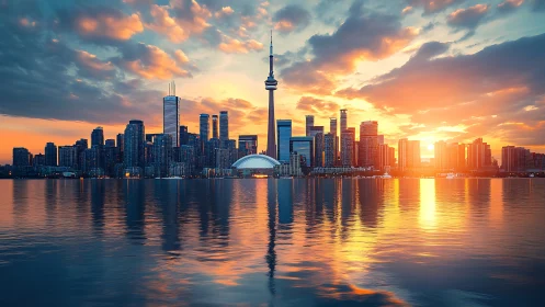 Toronto skyline reflects in calm harbor under vivid sunset