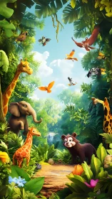 Vibrant cartoon jungle wildlife under lush tropical canopy.