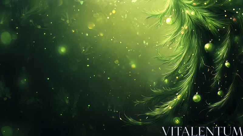 Green conifer branches with baubles on abstract background.