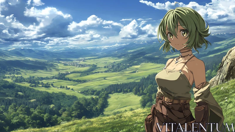 Green haired anime traveler above vast summer valley.