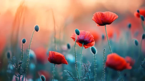 Red poppies in field with shallow depth of field effect
