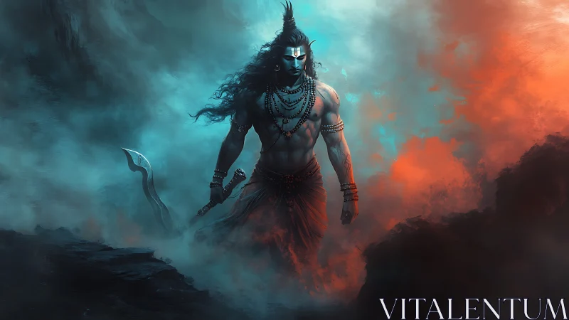 Mythic warrior stands amid stormy blue and red mist.