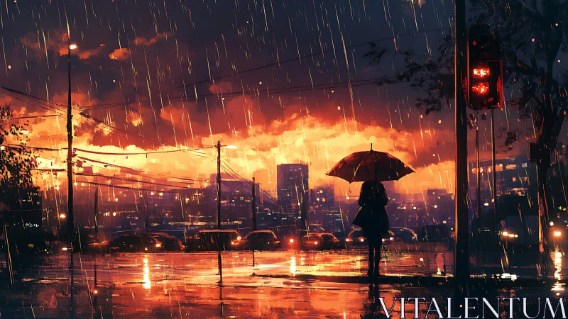 Umbrella dreamer paused at a rain-slick neon crossroads.