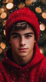 Teen boy in red knit hat and hoodie facing camera outdoors