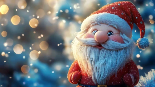 Cartoon Santa figure in snowy outdoor festive setting.