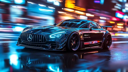 Mercedes performance coupe on wet neon city street at night.