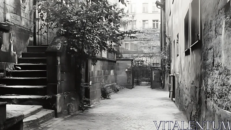 Misty courtyard passage where old stone and silence linger.