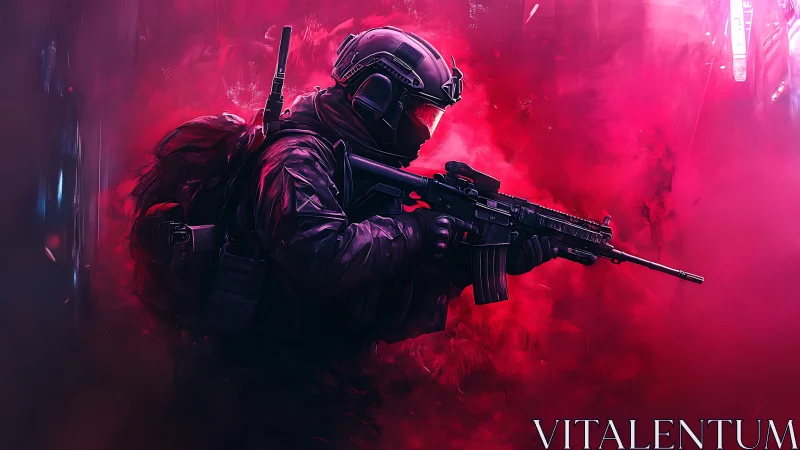 Futuristic tactical soldier advances through neon red smoke