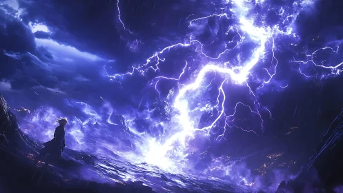 Storm-lit anime warrior confronts colossal violet lightning strike