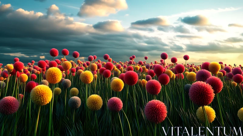 Vibrant Wildflower Field Under Dynamic Sky.