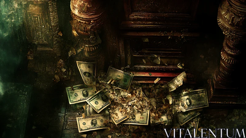 Forgotten treasure of crumbling dollars in a shadowed vault.